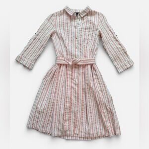Cortefiel Salmon Pink & White Striped Button Down Fit & Flare Belted Midi Dress